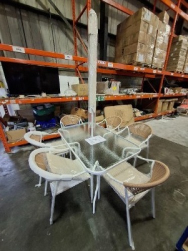 1 X MIAMI 8 PIECE DINING SET - WHITE AND NATURAL COLOUR - ME DINING TABLE - W 150 X D90 X H70 PARASOL - 270 CM X H 250 CM CHAIRS - W55 X D 61 X H 85 CM