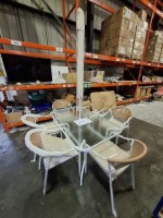 1 X MIAMI 8 PIECE DINING SET - WHITE AND NATURAL COLOUR - ME DINING TABLE - W 150 X D90 X H70 PARASOL - 270 CM X H 250 CM CHAIRS - W55 X D 61 X H 85 CM