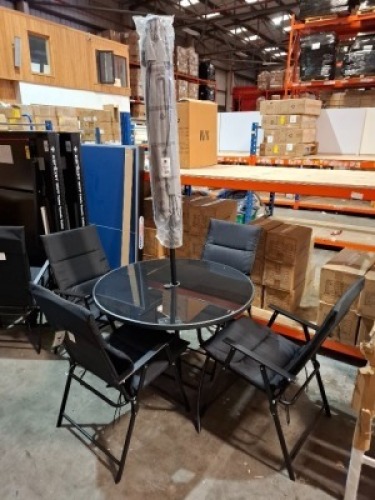 1 X CULCITA NAPLES FOLDING 4 SEAT GARDEN DINING TABLE SET - IN BLACK 1 X TABLE - D 100 CM X H 73 CM 4 X PADDED CHAIRS - D72 CM X W 55 CM X H92 CM 1 X CRANK PARASOL - 180 CM DIAM