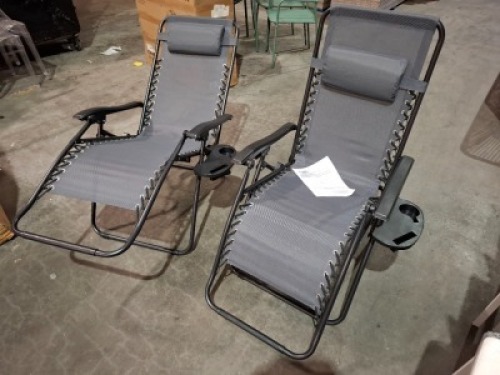 2 X ROYALE GRAVITY FOLDABLE LOUNGER - ADJUSTABLE HEADREST - POWDER COATED STEEL FRAMES - (RECLINING DIMENSIONS - L160 X W 64 X H 79 ) ( UPRIGHT DIMENSIONS - L 90 X W 65 X H 110 CM )