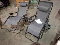 2 X ROYALE GRAVITY FOLDABLE LOUNGER - ADJUSTABLE HEADREST - POWDER COATED STEEL FRAMES - (RECLINING DIMENSIONS - L160 X W 64 X H 79 ) ( UPRIGHT DIMENSIONS - L 90 X W 65 X H 110 CM )