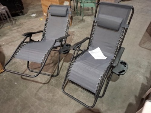 2 X ROYALE GRAVITY FOLDABLE LOUNGER - ADJUSTABLE HEADREST - POWDER COATED STEEL FRAMES - (RECLINING DIMENSIONS - L160 X W 64 X H 79 ) ( UPRIGHT DIMENSIONS - L 90 X W 65 X H 110 CM )