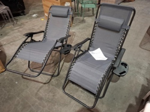 2 X ROYALE GRAVITY FOLDABLE LOUNGER - ADJUSTABLE HEADREST - POWDER COATED STEEL FRAMES - (RECLINING DIMENSIONS - L160 X W 64 X H 79 ) ( UPRIGHT DIMENSIONS - L 90 X W 65 X H 110 CM )