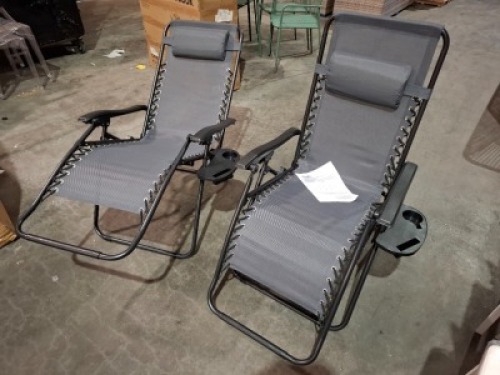 2 X ROYALE GRAVITY FOLDABLE LOUNGER - ADJUSTABLE HEADREST - POWDER COATED STEEL FRAMES - (RECLINING DIMENSIONS - L160 X W 64 X H 79 ) ( UPRIGHT DIMENSIONS - L 90 X W 65 X H 110 CM )