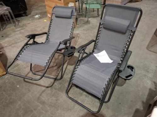 2 X ROYALE GRAVITY FOLDABLE LOUNGER - ADJUSTABLE HEADREST - POWDER COATED STEEL FRAMES - (RECLINING DIMENSIONS - L160 X W 64 X H 79 ) ( UPRIGHT DIMENSIONS - L 90 X W 65 X H 110 CM )