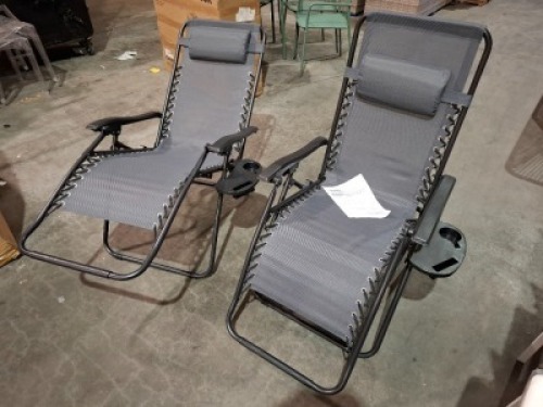 2 X ROYALE GRAVITY FOLDABLE LOUNGER - ADJUSTABLE HEADREST - POWDER COATED STEEL FRAMES - (RECLINING DIMENSIONS - L160 X W 64 X H 79 ) ( UPRIGHT DIMENSIONS - L 90 X W 65 X H 110 CM )