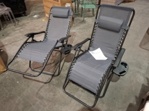 2 X ROYALE GRAVITY FOLDABLE LOUNGER - ADJUSTABLE HEADREST - POWDER COATED STEEL FRAMES - (RECLINING DIMENSIONS - L160 X W 64 X H 79 ) ( UPRIGHT DIMENSIONS - L 90 X W 65 X H 110 CM )
