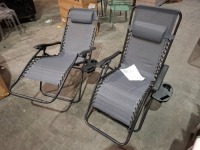 2 X ROYALE GRAVITY FOLDABLE LOUNGER - ADJUSTABLE HEADREST - POWDER COATED STEEL FRAMES - (RECLINING DIMENSIONS - L160 X W 64 X H 79 ) ( UPRIGHT DIMENSIONS - L 90 X W 65 X H 110 CM )