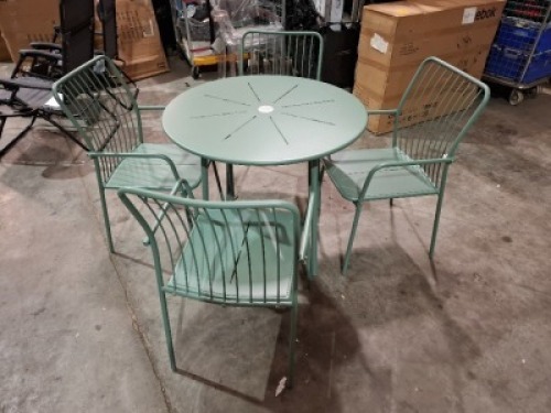 1 X 5 PIECE VENICE METAL OUTDOOR DINING SET - IN GREEN - TABLE - 90 CM DIAM / H 73.5 CM CHAIRS - W 54 X D 60 X H 86 .5 CM ) (NO PARASOL - NO BOX )