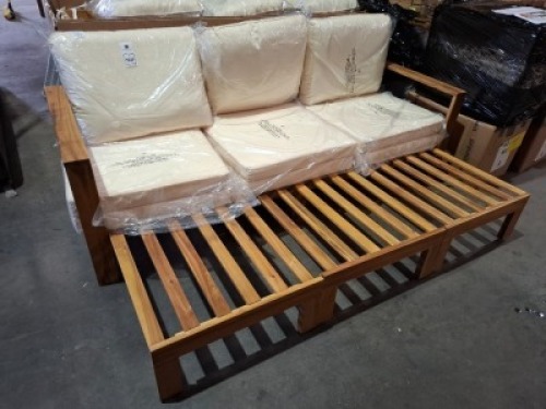 1 X LINEA MILAN 3 PERSON MOVEABLE SOFA SET - IN ACACIA WOOD FRAME AND CREAM COLOURED CUSHIONS , 3 SEATER SIZE - 75CM H X 90CM L X 71CM W