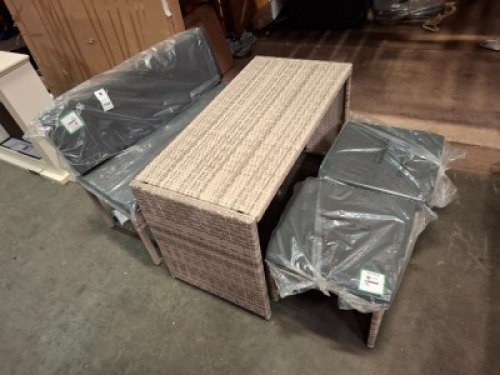 1 X 4 PIECE RATTAN DINING SET - IN GREY 1 X LOVE SEAT 2 X FOOT RESTS AND 1 X TABLE NO BOX , TABLE SIZE - 66CM H X 110 CM L , 55CM W , 2 SEATER SIZE - 72CM H X 102CM L , 50CM W , STOOL SIZE - 41CM H X 45CM L X 45CM X W