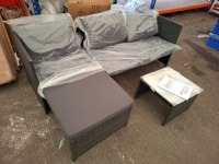 1 X PRE BUILT KAUAI CORNER RATTAN CORNER SOFA SET - IN CHARCOAL GREY LOVE SEAT - W 123 CM / D 64 CM X H 67 CM CHAISE - W 64 CM / D 123 CM / H 67 CM TABLE - W 45 CM / D 45 CM / H 34 CM