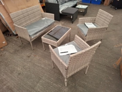 1 X PRE BUILT FIJI 4 PIECE RATTAN LOUNGE SET - IN GREY CHAIR - W 56 CM / D 53 CM / H 81 CM LOVE SEAT - W 101 CM / D 53 C,M / H 81 CM TABLE - W 71 CM / D 43 CM / H 40 CM