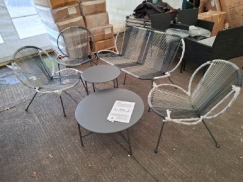 1 X RE BUILT BARCELONA 5 PIECE ROPE LOUNGE SET - IN BLACK AND GREY LARGE TABLE - DIAM 70 CM - H 35 CM SMALL TABLE - DIAM 50 CM - 45 CM SINGLE CHAIR - W 64.5 CM / D 74W 142 CM .5 CM / H 76 CM DOUBLE CHAIR - W 142 CM / D 74.5 CM / H 76 CM