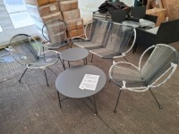 1 X RE BUILT BARCELONA 5 PIECE ROPE LOUNGE SET - IN BLACK AND GREY LARGE TABLE - DIAM 70 CM - H 35 CM SMALL TABLE - DIAM 50 CM - 45 CM SINGLE CHAIR - W 64.5 CM / D 74W 142 CM .5 CM / H 76 CM DOUBLE CHAIR - W 142 CM / D 74.5 CM / H 76 CM