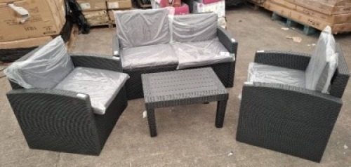 1 X PRE BUILT CULCITA MALIBU 5 PIECE RATTAN GARDEN SET - IN BLACK AND GREY CUSHIONS 1 X LOVE SEAT IN SIZE 73CM H X 130CM L X 66CM W / 2 X CHAIRS IN SIZE 74CM H X 72CM L X 63CM W AND 1 X COFFEE TABLE IN SIZE 40CM H X 70CM L X 50CM W
