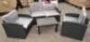 1 X PRE BUILT CULCITA MALIBU 5 PIECE RATTAN GARDEN SET - IN BLACK AND GREY CUSHIONS 1 X LOVE SEAT IN SIZE 73CM H X 130CM L X 66CM W / 2 X CHAIRS IN SIZE 74CM H X 72CM L X 63CM W AND 1 X COFFEE TABLE IN SIZE 40CM H X 70CM L X 50CM W