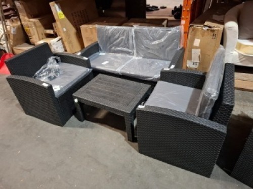 1 X PRE BUILT CULCITA MALIBU 5 PIECE RATTAN GARDEN SET - IN BLACK AND GREY CUSHIONS 1 X LOVE SEAT IN SIZE 73CM H X 130CM L X 66CM W / 2 X CHAIRS IN SIZE 74CM H X 72CM L X 63CM W AND 1 X COFFEE TABLE IN SIZE 40CM H X 70CM L X 50CM W