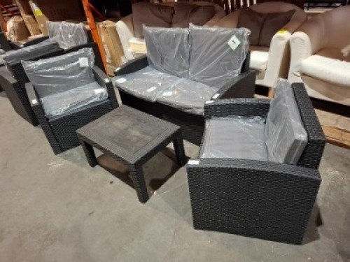 1 X PRE BUILT CULCITA MALIBU 5 PIECE RATTAN GARDEN SET - IN BLACK AND GREY CUSHIONS 1 X LOVE SEAT IN SIZE 73CM H X 130CM L X 66CM W / 2 X CHAIRS IN SIZE 74CM H X 72CM L X 63CM W AND 1 X COFFEE TABLE IN SIZE 40CM H X 70CM L X 50CM W