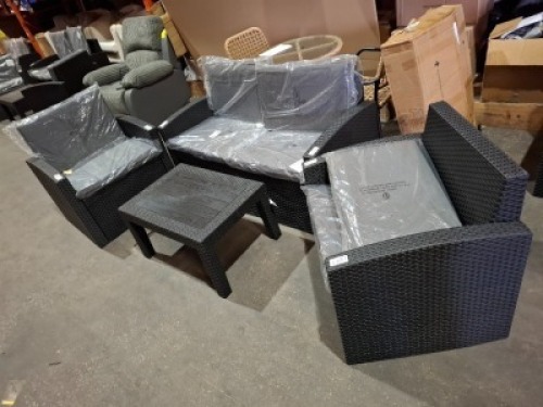 1 X PRE BUILT CULCITA MALIBU 5 PIECE RATTAN GARDEN SET - IN BLACK AND GREY CUSHIONS 1 X LOVE SEAT IN SIZE 73CM H X 130CM L X 66CM W / 2 X CHAIRS IN SIZE 74CM H X 72CM L X 63CM W AND 1 X COFFEE TABLE IN SIZE 40CM H X 70CM L X 50CM W