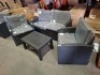 1 X PRE BUILT CULCITA MALIBU 5 PIECE RATTAN GARDEN SET - IN BLACK AND GREY CUSHIONS 1 X LOVE SEAT IN SIZE 73CM H X 130CM L X 66CM W / 2 X CHAIRS IN SIZE 74CM H X 72CM L X 63CM W AND 1 X COFFEE TABLE IN SIZE 40CM H X 70CM L X 50CM W