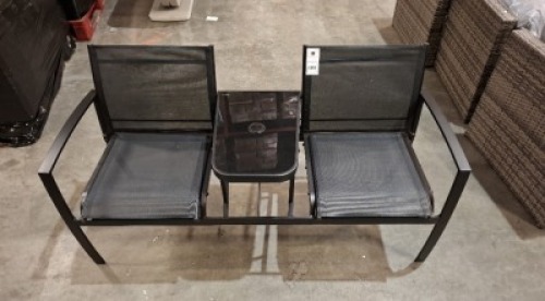 1 X PRE BUILT GLENDALE 2 - SEAT LOUNGER WITH CENTRE GLASS TABLE AND HOLE FOR PARASOL ( PARASOL NOT INCLUDED ) (W 145 CM / D 57 CM / H 76 )
