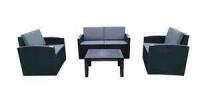 1 X BOXED CULCITA MALIBU PRE BUILT 5 PIECE RATTAN GARDEN SET - IN BLACK AND GREY CUSHIONS 1 X LOVE SEAT IN SIZE 73CM H X 130CM L X 66CM W / 2 X CHAIRS IN SIZE 74CM H X 72CM L X 63CM W AND 1 X COFFEE TABLE IN SIZE 40CM H X 70CM L X 50CM W