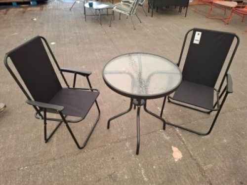1 X PRE BUILT CULCITA TORNINA BISTRO SET 2 X FOLDING CHAIRS IN SIZE 86CM H X 50CM L X 42CM W AND 1 X ROUND GLASS TABLE IN SIZE 70CM H X 60CM W