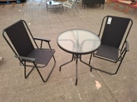 1 X PRE BUILT CULCITA TORNINA BISTRO SET 2 X FOLDING CHAIRS IN SIZE 86CM H X 50CM L X 42CM W AND 1 X ROUND GLASS TABLE IN SIZE 70CM H X 60CM W