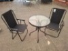 1 X PRE BUILT CULCITA TORNINA BISTRO SET 2 X FOLDING CHAIRS IN SIZE 86CM H X 50CM L X 42CM W AND 1 X ROUND GLASS TABLE IN SIZE 70CM H X 60CM W