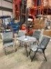1 X 6 PIECE DINING SET IN BLACK/ ANTHRACITE TABLE SIZE 80 X 80CM AND HEIGHT 71CM WITH 4 PADDED CHAIRS AND 180CM DIAMETER PARASOL
