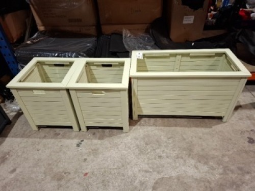 3 X STUDIO LOT CONTAINING ONE RECTANGULAR WOOD PLANTER IN LIME IN SIZE 46CM HEIGHT 80 LENGTH , 40 DEPTH 2 SQUARE WOOD PLANTERS IN LIME IN SIZE 47 HEIGHT , 40 DEPTH AND 40 WIDTH
