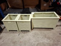 3 X STUDIO LOT CONTAINING ONE RECTANGULAR WOOD PLANTER IN LIME IN SIZE 46CM HEIGHT 80 LENGTH , 40 DEPTH 2 SQUARE WOOD PLANTERS IN LIME IN SIZE 47 HEIGHT , 40 DEPTH AND 40 WIDTH