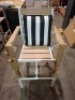 4 X STUDIO BARSTOOLS IN WHITE AND BROWN IN SIZE 69CM HEIGHT , 48CM WIDTH WITH 4 CUSHIONS (PLEASE NOTE - 1 CHAIR MISSING SUPPORT BAR)