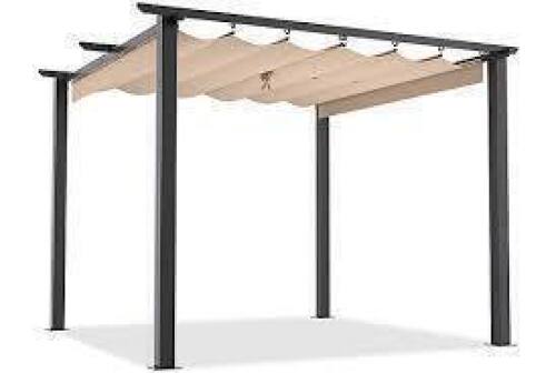1 X 3 X 3M METAL STUDIO PERGOLA WITH RECTRACTABLE ROOF WITH SUN SHADE CANOPY IN BEIGE PRODUCT CODE B9O995-105 UNKNOWN CONDITION - DAMAGED BOX