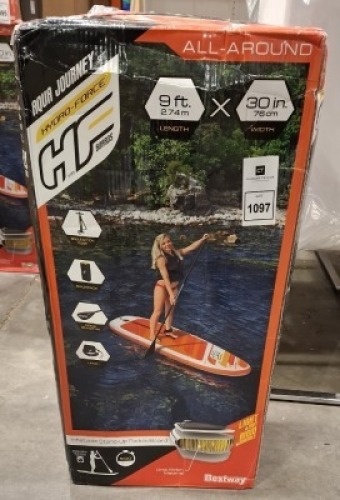 1 X NEW HYDRO-FORCE INFLATABLE STAND UP PADDLE BOARD IN SIZE 2.74M LENGTH X 76CM WIDTH (PLEASE NOTE - BOXES WATER DAMAGED)