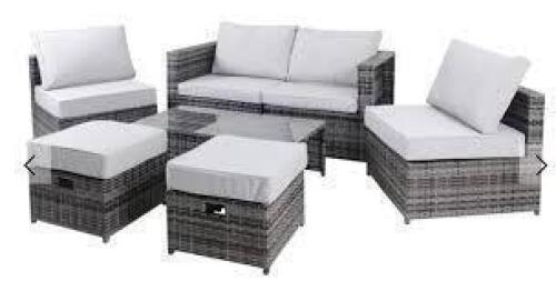 1 X LINEA RATTAN 7 PIECE PE RATTAN GARDEN DINING SET IN CHARCOAL GREY - POWDER COATED STEEL FRAMES - 5MM TEMPERED GLASS TABLE TOP - CUSHIONS FOR COMFORT - PE RATTAN FOR DOUBLE DURABILITY , SIZE OF TABLE - 103CM L X 34CM H X 51CM W , SIZE OF SEATING AREA -