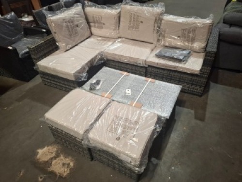 1 X LINEA RATTAN 7 PIECE PE RATTAN GARDEN DINING IN CHARCOAL GREY - POWDER COATED STEEL FRAMES - 5MM TEMPERED GLASS TABLE TOP - CUSHIONS FOR COMFORT - PE RATTAN FOR DOUBLE DURABILITY , SIZE OF TABLE - 103CM L X 34CM H X 51CM W , SIZE OF SEATING AREA - 210