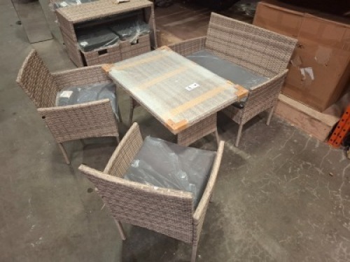 1 X FIJI RATTAN GARDEN DINING SET TO INCLUDE 2 X CHAIRS / 1 X LOVE SEAT / 2 X FOOT STOOLS AND 1 X TABLE IN LIGHT BROWN COLOUR , SIZE OF TABLE - 64CM H X 98CM L X 63CM W , DOUBLE SEATER SIZE - 82CM H X 92CM L X 48CM W , CHAIR SIZE - 82CM H X 50CM L X 56CM
