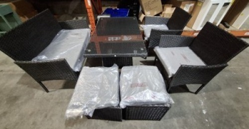 1 X FIJI RATTAN GARDEN DINING SET TO INCLUDE 2 X CHAIRS / 1 X LOVE SEAT / 2 X FOOT STOOLS AND 1 X TABLE - NO BOX - IN BLACK AND GREY , TABLE SIZE - 98CM L X 64CM H X 63CM W , DOUBLE SEATER SIZE - 81CM H X 103CM H X 48CM W , CHAIR SIZE - 80CM H X 50CM L