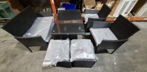 1 X FIJI RATTAN GARDEN DINING SET TO INCLUDE 2 X CHAIRS / 1 X LOVE SEAT / 2 X FOOT STOOLS AND 1 X TABLE - IN 2 BOXES - IN BLACK AND GREY , TABLE SIZE - 98CM L X 64CM H X 63CM W , DOUBLE SEATER SIZE - 81CM H X 103CM H X 48CM W , CHAIR SIZE - 80CM H X 50C