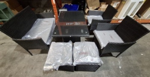 1 X FIJI RATTAN GARDEN DINING SET TO INCLUDE 2 X CHAIRS / 1 X LOVE SEAT / 2 X FOOT STOOLS AND 1 X TABLE - IN 2 BOXES - IN BLACK AND GREY , TABLE SIZE - 98CM L X 64CM H X 63CM W , DOUBLE SEATER SIZE - 81CM H X 103CM H X 48CM W , CHAIR SIZE - 80CM H X 50C