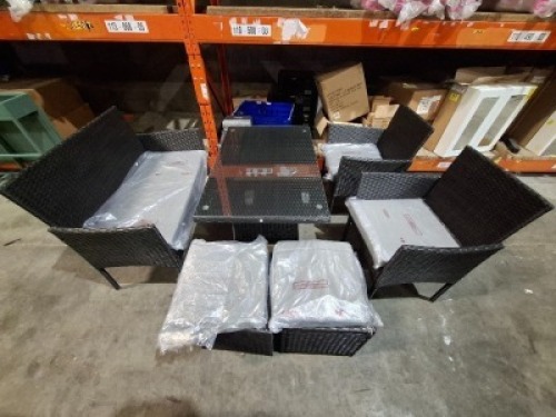 1 X PRE BUILT FIJI RATTAN GARDEN DINING SET TO INCLUDE 2 X CHAIRS / 1 X LOVE SEAT / 2 X FOOT STOOLS AND 1 X TABLE - NO BOX - IN BLACK AND GREY , TABLE SIZE - 98CM L X 64CM H X 63CM W , DOUBLE SEATER SIZE - 81CM H X 103CM H X 48CM W , CHAIR SIZE - 80CM 