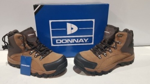 25 X BRAND NEW DONNAY SUEDE SN99 BOOTS IN BROWN/BLACK IN MIXED SIZES 13 IN SIZE 10 AND 12 IN SIZE 9.5 - (PLEASE NOTE - WE HAVE IDENTIFIED SOME MINOR MANUFACTURING IMPERFECTIONS ON EXAMINATION SEE SUPPLEMENT IMAGE AND BID ACCORDINGLY )