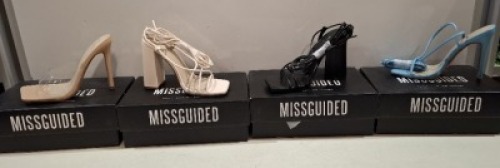 20 X BRAND NEW PAIRS OF ASSORTED MISSGUIDED WOMENS SHOES CONTAINING BLOCK HEEL TIE UP SANDALS IN BLACK , SQUARE TOE PERSPEX HEEL MULES IN SAND , BLOCK HEEL TIE UP HEELED SANDLS IN CREAM , SQUARE TOE TIE UP HEELED SANDALS IN BLUE ETC IN MIXED SIZES 3 AND 4