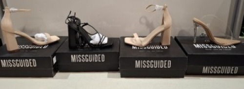 20 X BRAND NEW PAIRS OF ASSORTED MISSGUIDED WOMENS SHOES CONTAINING BLOCK HEEL TIE UP SANDALS IN BLACK , PERSPEX COURT SHOE IN CLEAR , WF HIGH HEEL BLOCK BARELY THERE SANDALS IN SAND , WF HIGH HEEL BLOCK BARELY THERE SANDALS IN SAND ETC IN MIXED SIZES 3 