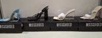 20 X BRAND NEW PAIRS OF ASSORTED MISSGUIDED WOMENS SHOES CONTAINING POINTED TOE PERSPEX STILETTO IN NUDE , PERSPEX SQUARE TOE WEDGE HEEL IN NUDE , BLOCK HEEL TIE UP SANDALS IN BLACK , SQUARE TOE TIE UP HEELED SANDALS IN BLUE ETC ALL IN SIZE 4 (NOTE - SOME