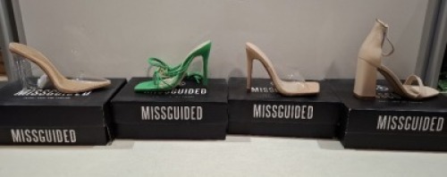 20 X BRAND NEW PAIRS OF ASSORTED MISSGUIDED WOMENS SHOES CONTAINING HIGH HEEL BLOCK BARELY THERE SANDALS IN SAND , STRAPPY RING DETAIL HEELED SANDAL IN GREEN , SQUARE TOE PERSPEX HIGH HEEL MULES IN SAND , PERSPEX COURT SHOE IN CLEAR ETC IN MIXED SIZES 3 A