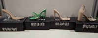 20 X BRAND NEW PAIRS OF ASSORTED MISSGUIDED WOMENS SHOES CONTAINING HIGH HEEL BLOCK BARELY THERE SANDALS IN SAND , STRAPPY RING DETAIL HEELED SANDAL IN GREEN , SQUARE TOE PERSPEX HIGH HEEL MULES IN SAND , PERSPEX COURT SHOE IN CLEAR ETC IN MIXED SIZES 3 A