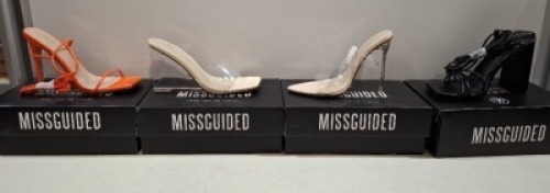 20 X BRAND NEW PAIRS OF ASSORTED MISSGUIDED WOMENS SHOES CONTAINING BLOCK HEEL TIE UP SANDALS IN BLACK , PERSPEX SQUARE TOE WEDGE HEEL IN NUDE , SQUARE TOE TIE UP HEELED SANDALS IN ORANGE , POINTED TOE PERSPEX STILETTO IN NUDE ETC ALL IN SIZE 4 (NOTE - S